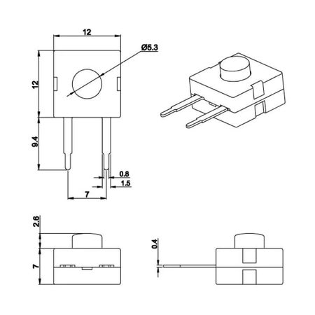 Przełącznik bistabilny ON/OFF 1A, 30V (przełącznik latarkowy) 12x12mm
