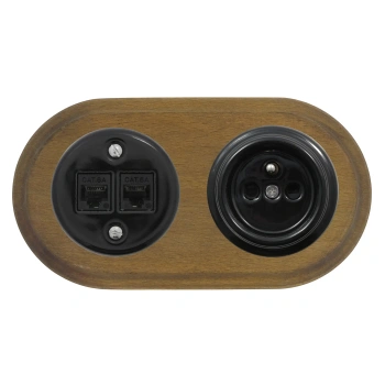 Gniazdo Ethernet Cat6 x2 + Gniazdo elektryczne okrągłe czarne z ramką podwójną ciemne drewno, montaż podtynkowy, Ceramic Loft