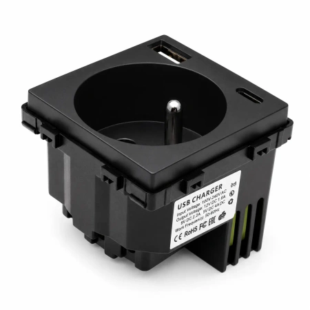 Gniazdko elektryczne z uziemieniem z USB A+C 20W czarne podtynkowe (moduł bez ramki) - TAWOIA GLASS