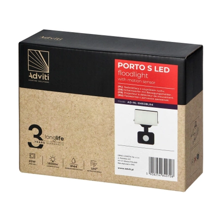 Naświetlacz bezramkowy z PIR 20W, 1600lm, IP44, 4000K, PORTO S