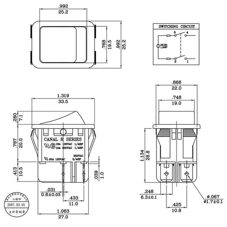 Włącznik ON-OFF klawiszowy R2101C5LBR9NW czerwony, 16A, Canal