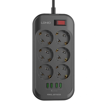Listwa zasilająca 6 gniazd + 4× USB, przewód 2 m, 10 A, z włącznikiem, czarna, LDNIO