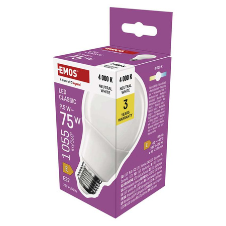 Żarówka LED E27 bańka A60, 9,5 W, odpowiednik 75 W, neutralna biel, 1055 lm, EMOS ZAR-E-ZQ5E53
