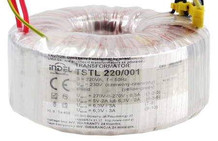 Transformator toroidalny lampowy TSTL 220/001, 220VA, 270V-0-270V + 0-5-6,3V + 2 × 6,3V, Indel