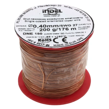 Drut nawojowy emaliowany 0,40 mm, DNE 180, miedź, szpulka 200 g, ok. 176 m