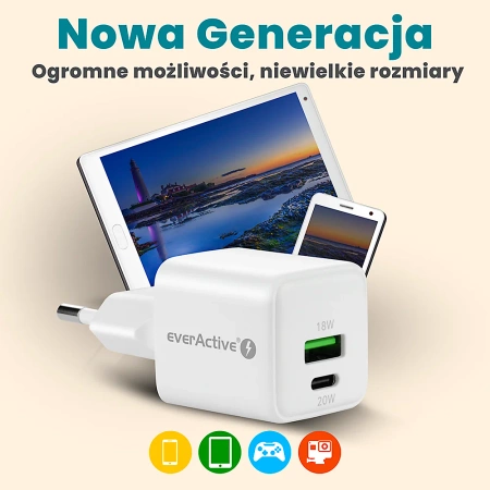 Ładowarka sieciowa everActive GaN SC-330Q z gniazdem USB QC3.0 oraz USB-C PD 20W