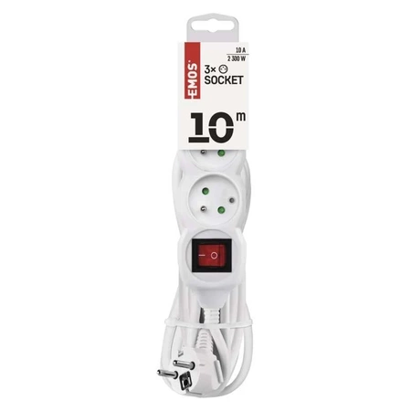 Przedłużacz 3 gniazda, przewód 10 m, 10 A, 3G1, z włącznikiem, z uziemieniem, biały, Emos