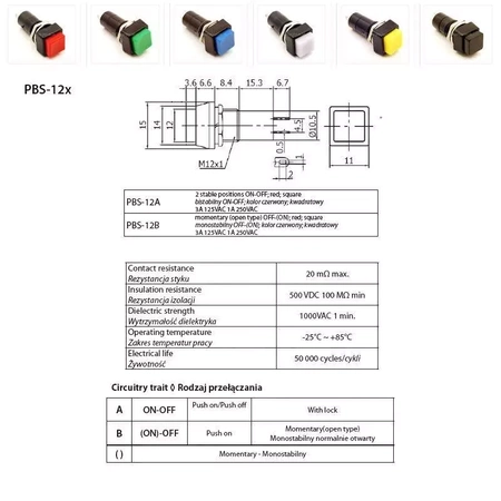 Włącznik ON-OFF czarny kwadrat, PBS-12A