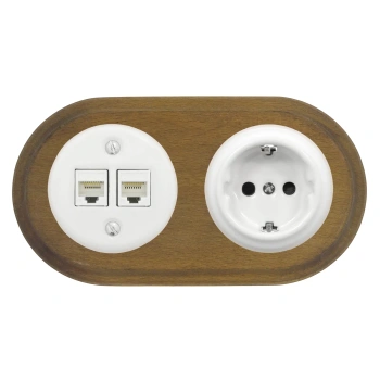 Gniazdo Ethernet Cat6 x2 + Gniazdo elektryczne okrągłe białe z ramką podwójną ciemne drewno, montaż podtynkowy, Ceramic Loft