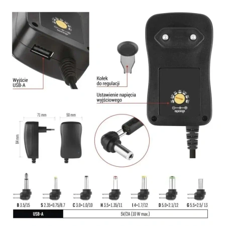 Zasilacz impulsowy uniwersalny 3-12 V, 1000 mA, z gniazdem USB 5 V / 2 A, wymienne wtyki, EMOS N3111N
