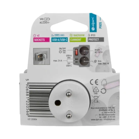 Rozgałęźnik wtykowy P905 DPM, 2 gniazda 2P+T 16 A, USB-A i USB-C 2,4 A, z włącznikiem, biało-szary