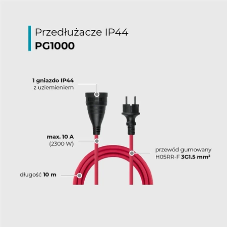 Przedłużacz 1 gniazdo, przewód 10 m, 10 A, 3G1,5, IP44, z uziemieniem, czerwony, DPM
