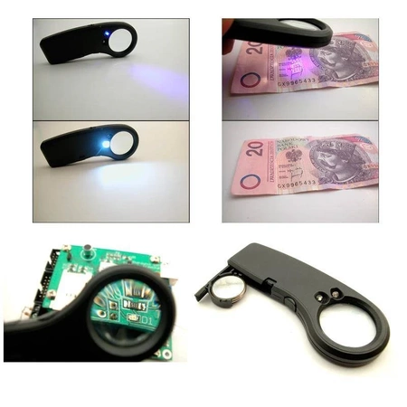 Lupa x7.5 (26 dioptrii) z podświetlaniem LED + tester UV, MA-022 Proskit