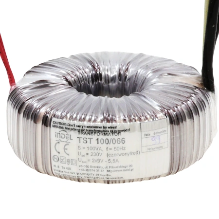 Transformator toroidalny TST100 9V-9V, 100VA, 2 × 9V 2 × 5,5A, rdzeń toroidalny, Indel