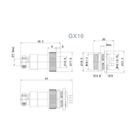 Gniazdo + wtyk na panel, seria C091 (GX16), dł. 47mm / 9 pin