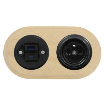 Gniazdo USB A+C 4A + Gniazdo elektryczne okrągłe czarne z ramką podwójną jasne drewno, montaż podtynkowy, Ceramic Loft