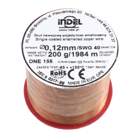 Drut nawojowy emaliowany, 0,12mm, miedź Pure Cu Grade 1, klasa cieplna 155°C, szpulka 200g, ok. 1984m, Indel