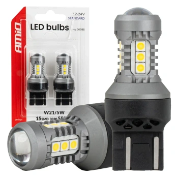 Żarówki LED W21/5W 7443 dwufunkcyjne bez CANBUS 12/24 V, 15 diod SMD 3030, białe, 2 szt. - AMiO 04998
