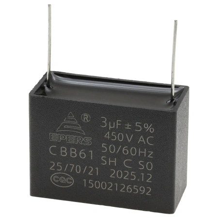 Kondensator rozruchowy do silnika 3µF 450VAC, CBB61, do druku, 38 × 17 × 28 mm, EPERS
