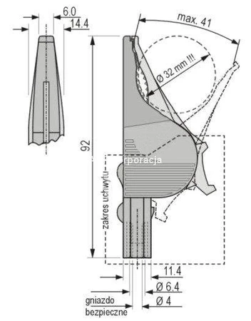 Krokodylek bezpieczny, rozwarcie 32mm, gniazdo 4mm, żółty