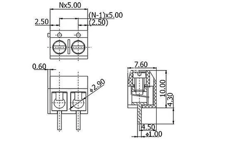 Złącze śrubowe do druku, 2 pola, raster 5mm, wysokość 10mm, 300V / 15A, 2,5mm², Degson DG301