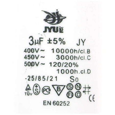 Kondensator rozruchowy do silnika, CBB60 3uF 450Vac 30x58mm konektor