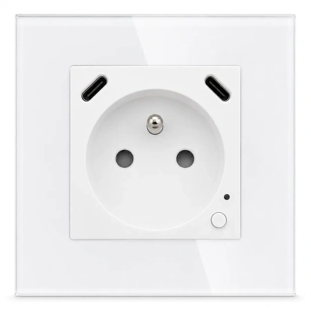 Gniazdko elektryczne z uziemieniem z USB C+C 20W z pomiarem energii (watomierz) ZigBee białe podtynkowe z ramką szklaną - TAWOIA Glass