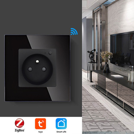 Gniazdko Smart z pomiarem energii (watomierz) ZigBee - czarne podtynkowe z ramką szklaną - TAWOIA Smart Home