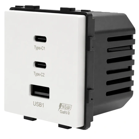 Ładowarka USB A + 2xC 65W GaN biała podtynkowa (moduł bez ramki) - TAWOIA Glass