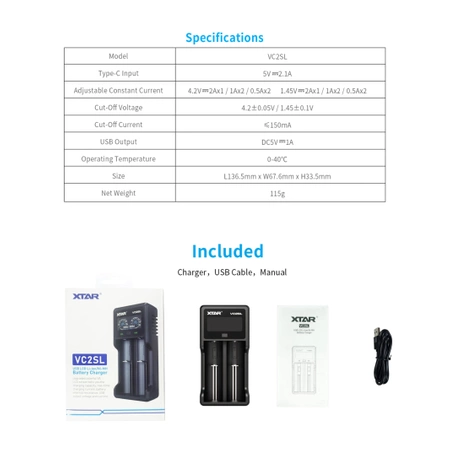 Ładowarka do akumulatorów cylindrycznych Li-ion / Ni-MH / Ni-CD 18650 Xtar VC2SL