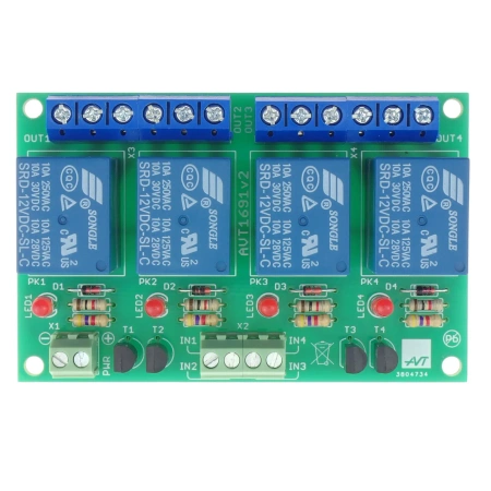 Moduł przekaźnikowy do automatyki - 4 kanały 12 V / 10 A - zlutowany KIT AVT 1691