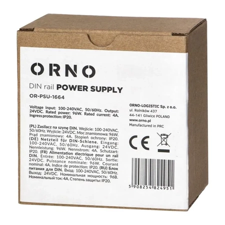 Zasilacz na szynę DIN przemysłowy 24VDC 4A 96W, ORNO PSU-1664