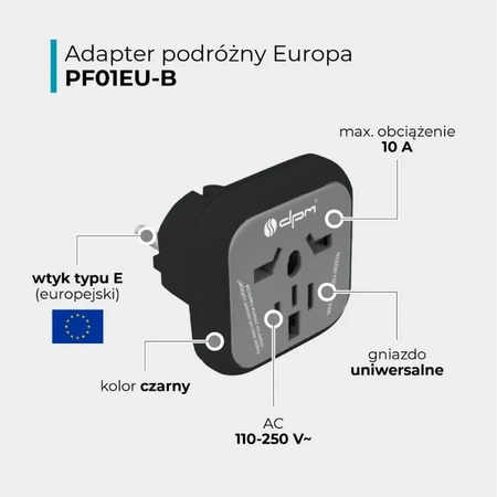 Adapter podrozny na wtyk europejski, gniazdo uniwersalne, 250 V 10 A, czarno-szary, DPM PF01EU-B