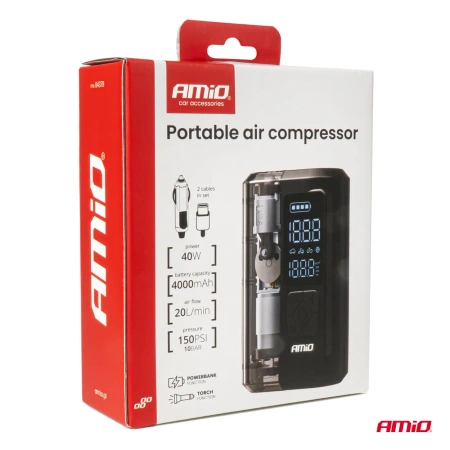 Kompresor samochodowy bezprzewodowy z wyświetlaczem LED 40W USB-C, max 10 bar, powerbank 2x2000 mAh, AMIO-04278