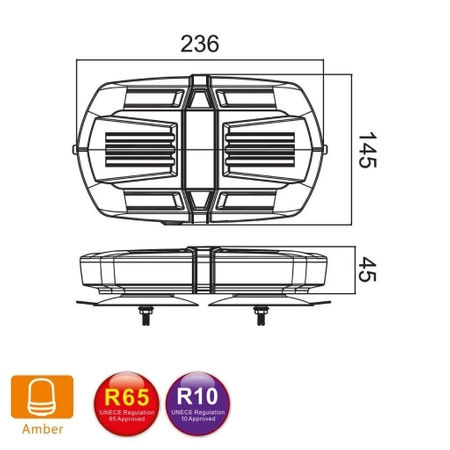 Belka ostrzegawcza LED 23W R10 R65 magnes, 236x145x45mm