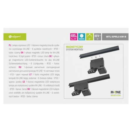 Reflektor szynowy magnetyczny liniowy podwójny regulowany 6W 480lm 4000K czarny M-LINE