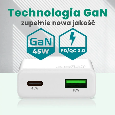 Ładowarka sieciowa GaN 45W USB-C PD + USB-A QC3.0 - super slim everActive SC-460Q