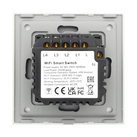 Włącznik poczwórny Smart 600W WiFi i Bluetooth - dotykowy szklany panel biały - podtynkowy - TAWOIA Smart Home