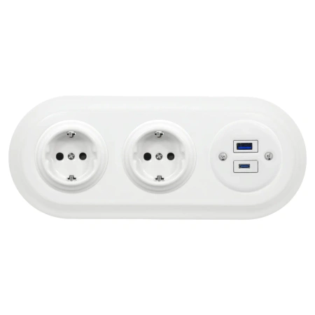 2x Gniazdko Schuko okrągłe + Gniazdko USB A+C 4A z ramką potrójną, białe, montaż podtynkowy, Ceramic Loft