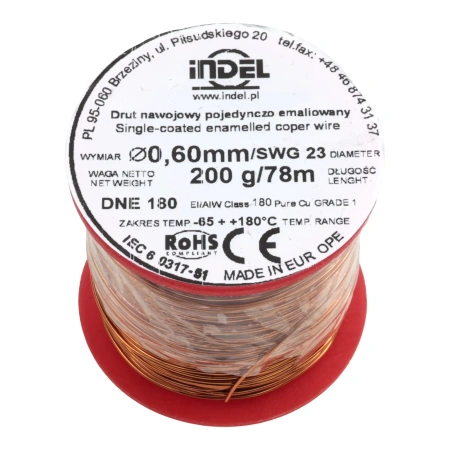 Drut nawojowy emaliowany 0,60 mm, DNE 180, miedź, szpulka 200 g, ok. 78 m