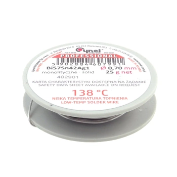 Cyna lutownicza niskotopliwa Bi57Sn42Ag1 bez topnika, 138°C, średnica 0,7 mm, szpula 25 g, Cynel