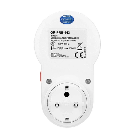 Mechaniczny programator czasowy, max 3680W, ORNO PRE-443