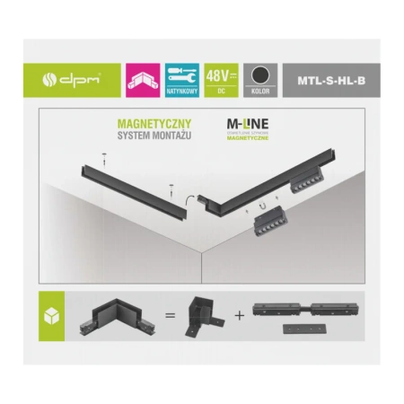 Łącznik kątowy do szyny magnetycznej poziomy natynkowy czarny M-LINE