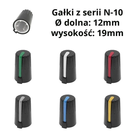Gałka ze wskaźnikiem, oś 6mm, fi12x19mm, znacznik biały