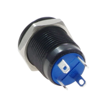 Przycisk wandaloodporny czarny "POWER" chwilowy 2A 250V klawisz płaski, podśw niebieskie 12V