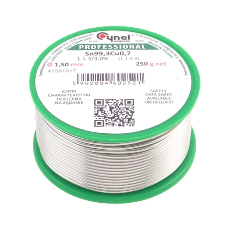 Cyna lutownicza bezołowiowa - spoiwo Sn99,3Cu0,7 - topnik 1.1.3 - 1,5mm - Cynel 250g