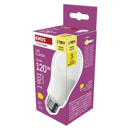 Żarówka LED E27 bańka A60, 14 W, odpowiednik 120 W, ciepła biel, 1901 lm, EMOS ZAR-E-ZQ5D75