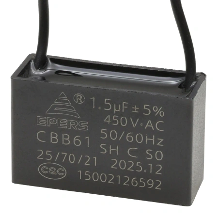 Kondensator rozruchowy do silnika 1,5µF 450VAC, CBB61, przewody 20 cm, 37 × 13 × 23 mm, EPERS