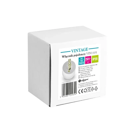 Włącznik światła schodowy obrotowy z ramką, ceramiczny, montaż natynkowy, kolor biały, złote pokrętło Ceramic Loft