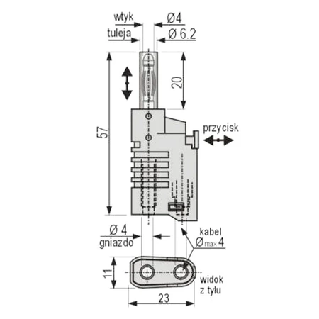 Wtyk bezpieczny 4mm z tuleją ruchomą i gniazdem 4mm do połączeń wieżowych, szybkozłącze, żółty